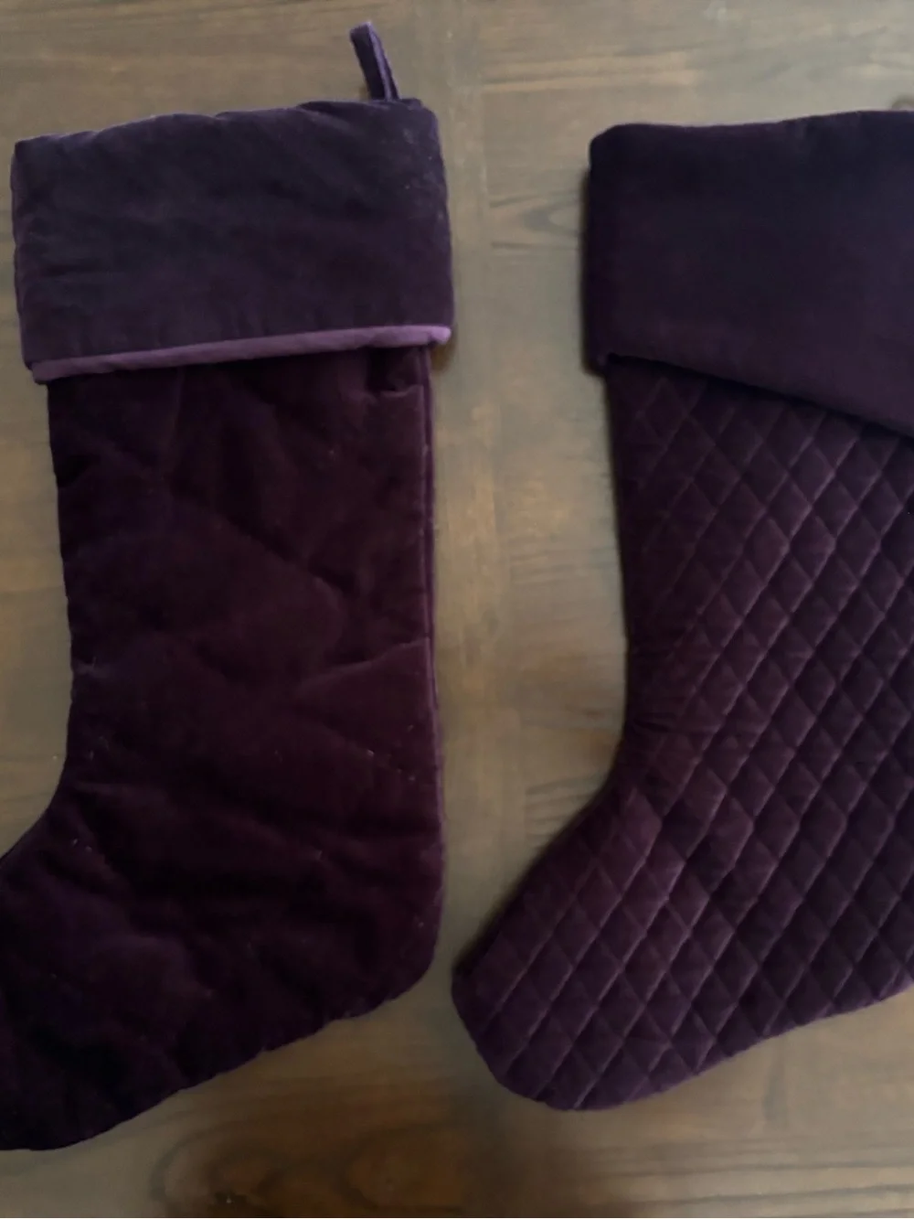 Pottery Barn Lot 2 Christmas Stocking Embroidered Velvet Purple Jingle Bell